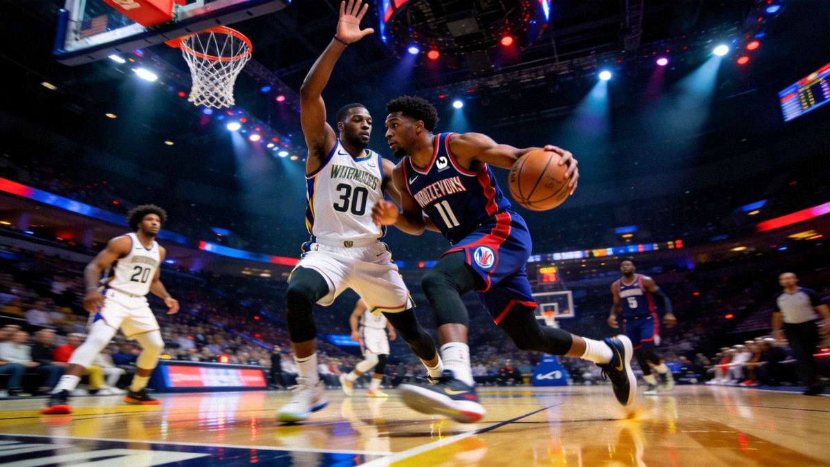 NBA总决赛现场比赛画面，球员在灯光球馆中进行高强度攻防对抗
